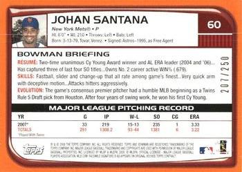 2008 Bowman - Orange #60 Johan Santana Back