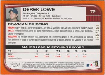 2008 Bowman - Orange #72 Derek Lowe Back