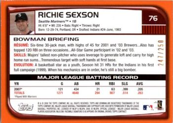 2008 Bowman - Orange #76 Richie Sexson Back