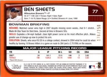 2008 Bowman - Orange #77 Ben Sheets Back