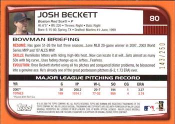 2008 Bowman - Orange #80 Josh Beckett Back