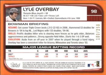 2008 Bowman - Orange #98 Lyle Overbay Back