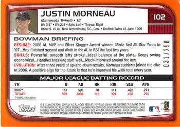 2008 Bowman - Orange #102 Justin Morneau Back