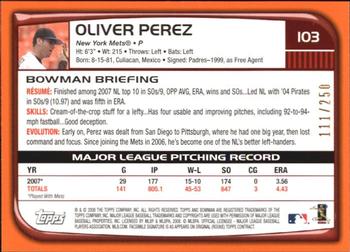 2008 Bowman - Orange #103 Oliver Perez Back