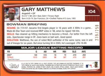 2008 Bowman - Orange #104 Gary Matthews Back