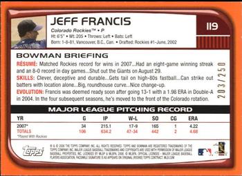 2008 Bowman - Orange #119 Jeff Francis Back