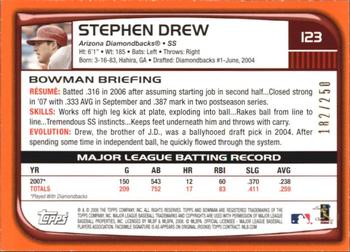 2008 Bowman - Orange #123 Stephen Drew Back