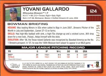 2008 Bowman - Orange #124 Yovani Gallardo Back