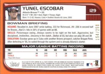 2008 Bowman - Orange #129 Yunel Escobar Back