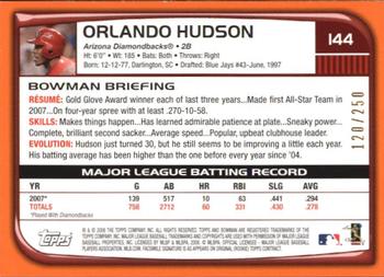 2008 Bowman - Orange #144 Orlando Hudson Back