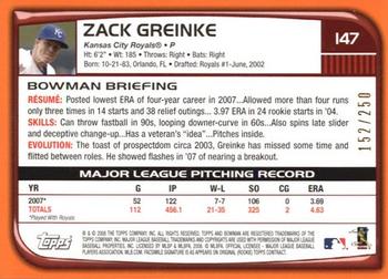 2008 Bowman - Orange #147 Zack Greinke Back