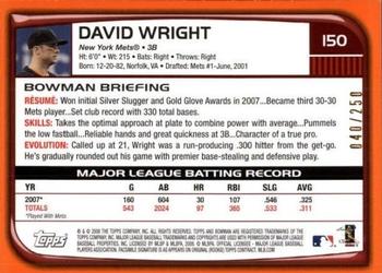 2008 Bowman - Orange #150 David Wright Back