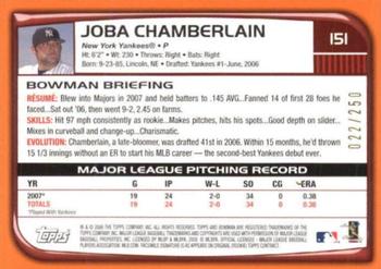 2008 Bowman - Orange #151 Joba Chamberlain Back