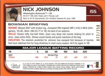 2008 Bowman - Orange #155 Nick Johnson Back