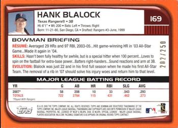 2008 Bowman - Orange #169 Hank Blalock Back