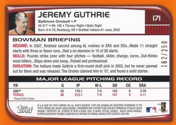 2008 Bowman - Orange #171 Jeremy Guthrie Back
