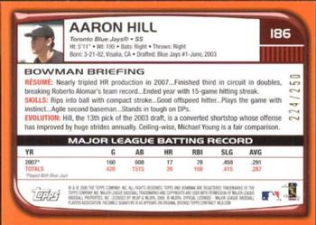 2008 Bowman - Orange #186 Aaron Hill Back