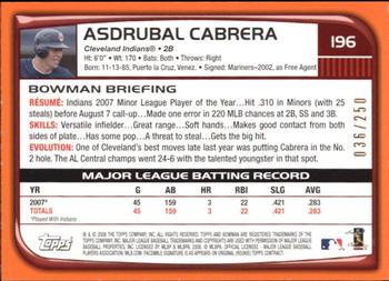 2008 Bowman - Orange #196 Asdrubal Cabrera Back