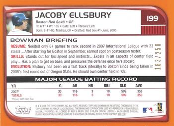 2008 Bowman - Orange #199 Jacoby Ellsbury Back