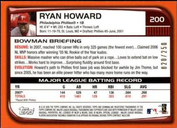 2008 Bowman - Orange #200 Ryan Howard Back