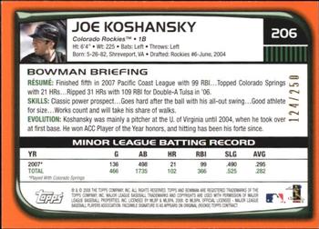 2008 Bowman - Orange #206 Joe Koshansky Back