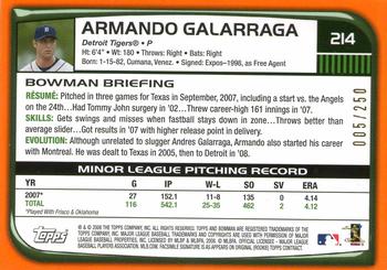 2008 Bowman - Orange #214 Armando Galarraga Back
