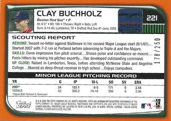 2008 Bowman - Orange #221 Clay Buchholz Back