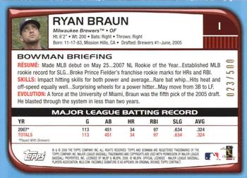 2008 Bowman - Blue #1 Ryan Braun Back