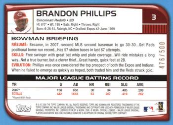 2008 Bowman - Blue #3 Brandon Phillips Back