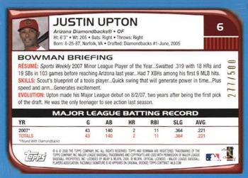 2008 Bowman - Blue #6 Justin Upton Back