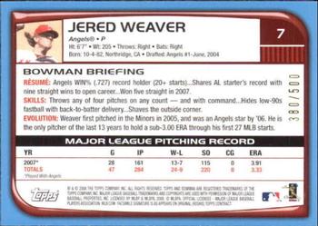 2008 Bowman - Blue #7 Jered Weaver Back