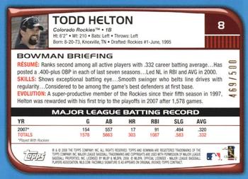 2008 Bowman - Blue #8 Todd Helton Back