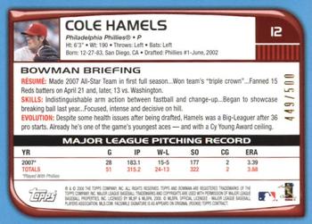 2008 Bowman - Blue #12 Cole Hamels Back