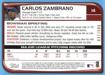 2008 Bowman - Blue #14 Carlos Zambrano Back