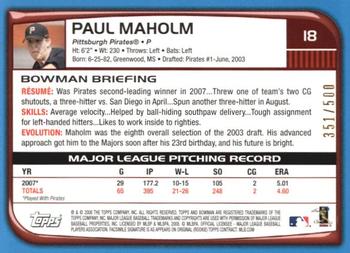 2008 Bowman - Blue #18 Paul Maholm Back