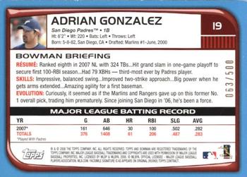 2008 Bowman - Blue #19 Adrian Gonzalez Back