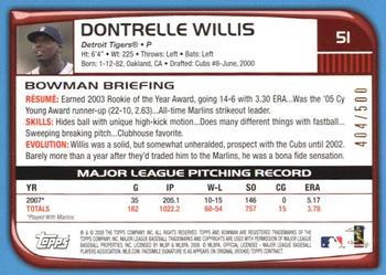 2008 Bowman - Blue #51 Dontrelle Willis Back