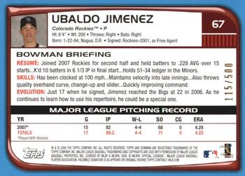 2008 Bowman - Blue #67 Ubaldo Jimenez Back