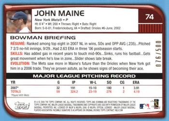 2008 Bowman - Blue #74 John Maine Back