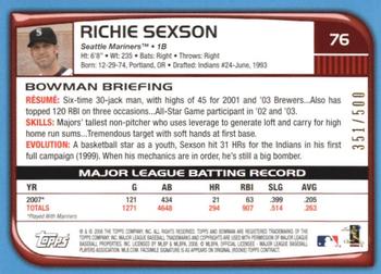 2008 Bowman - Blue #76 Richie Sexson Back