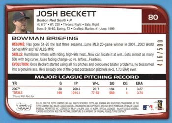 2008 Bowman - Blue #80 Josh Beckett Back