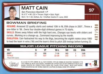2008 Bowman - Blue #97 Matt Cain Back
