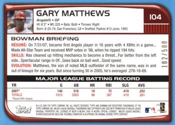 2008 Bowman - Blue #104 Gary Matthews Back