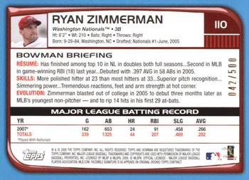 2008 Bowman - Blue #110 Ryan Zimmerman Back