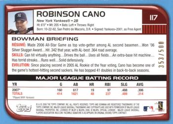 2008 Bowman - Blue #117 Robinson Cano Back