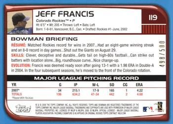 2008 Bowman - Blue #119 Jeff Francis Back