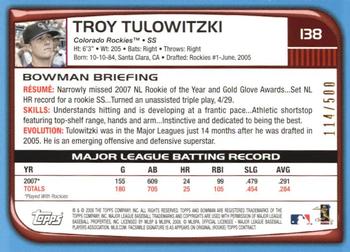 2008 Bowman - Blue #138 Troy Tulowitzki Back