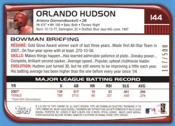 2008 Bowman - Blue #144 Orlando Hudson Back