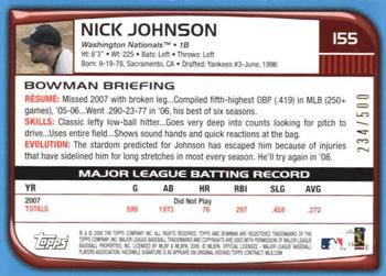 2008 Bowman - Blue #155 Nick Johnson Back
