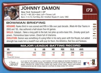 2008 Bowman - Blue #173 Johnny Damon Back